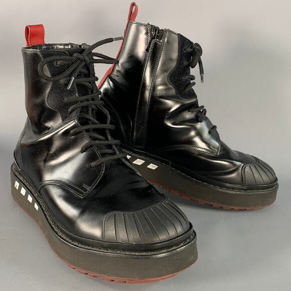 VALENTINO Size 8 Black Red Leather Rubber Sole Zip Lace-Up Boots - Picture 1 of 8